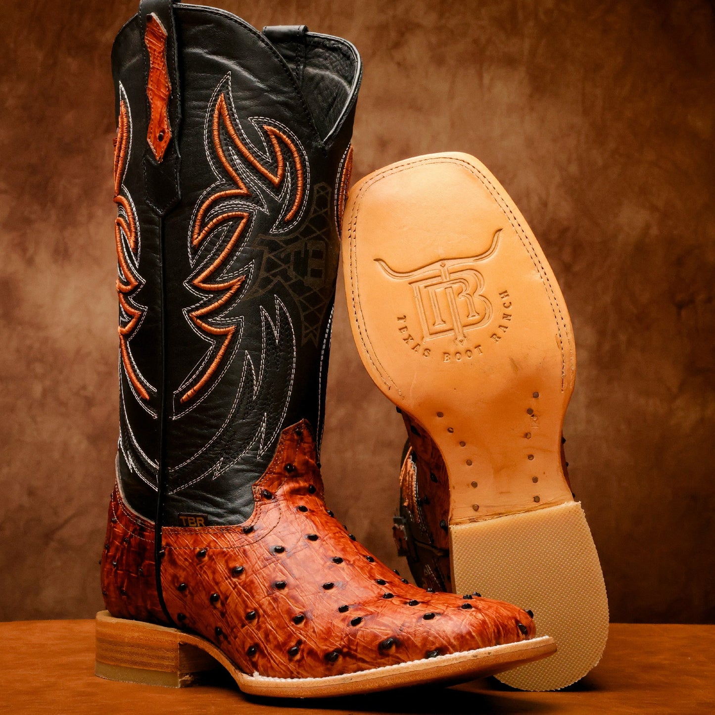 Cognac Ostrich Leather Boots - Square Toe