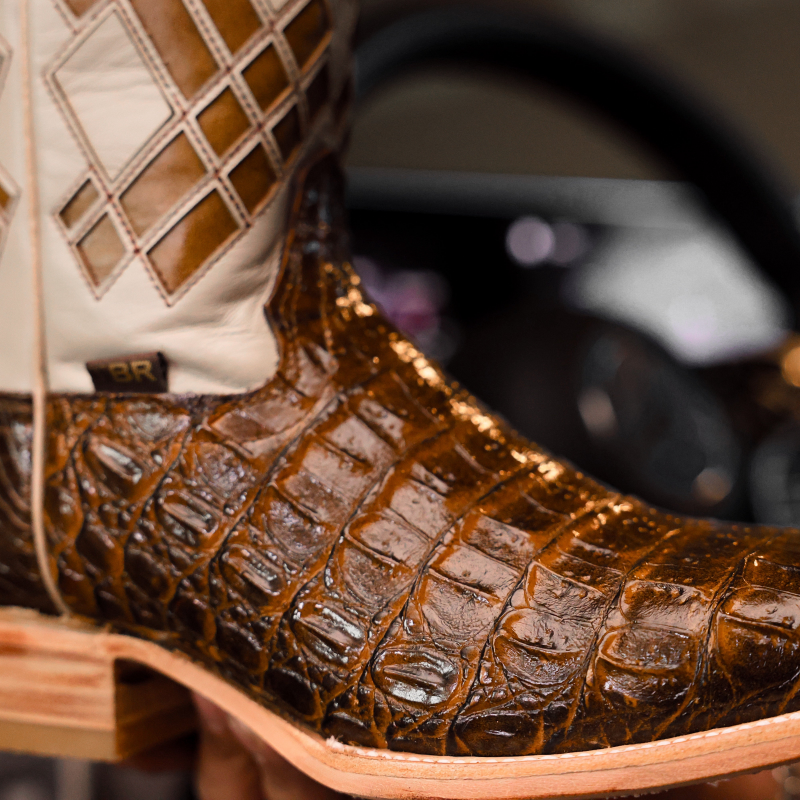 Honey Caiman Hornback Leather Boots - Square Toe