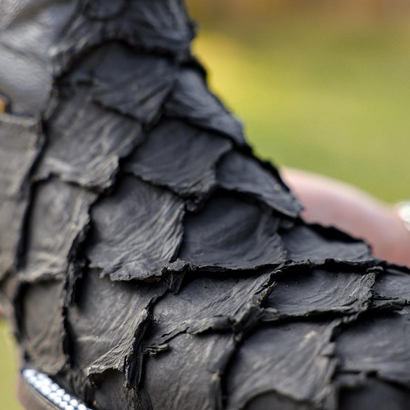 Matte Black Jumbo Pirarucu Leather Boots - Square Toe