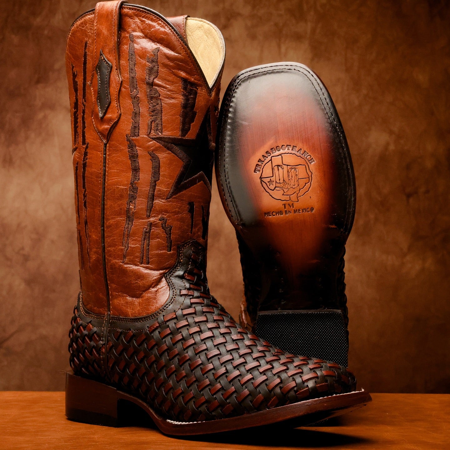 Brown Basketweave Leather Boots - Square Toe