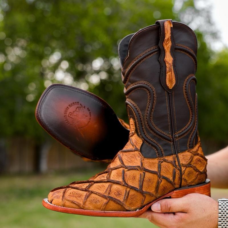 Vintage Distressed Pirarucu Leather Boots - Chunky Square Toe