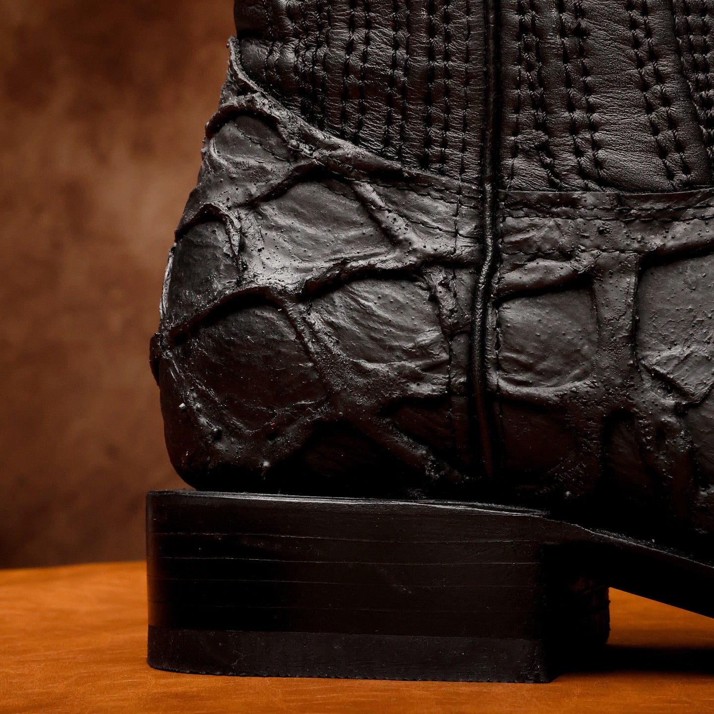 Matte Black Jumbo Pirarucu Leather Boots -Square Toe