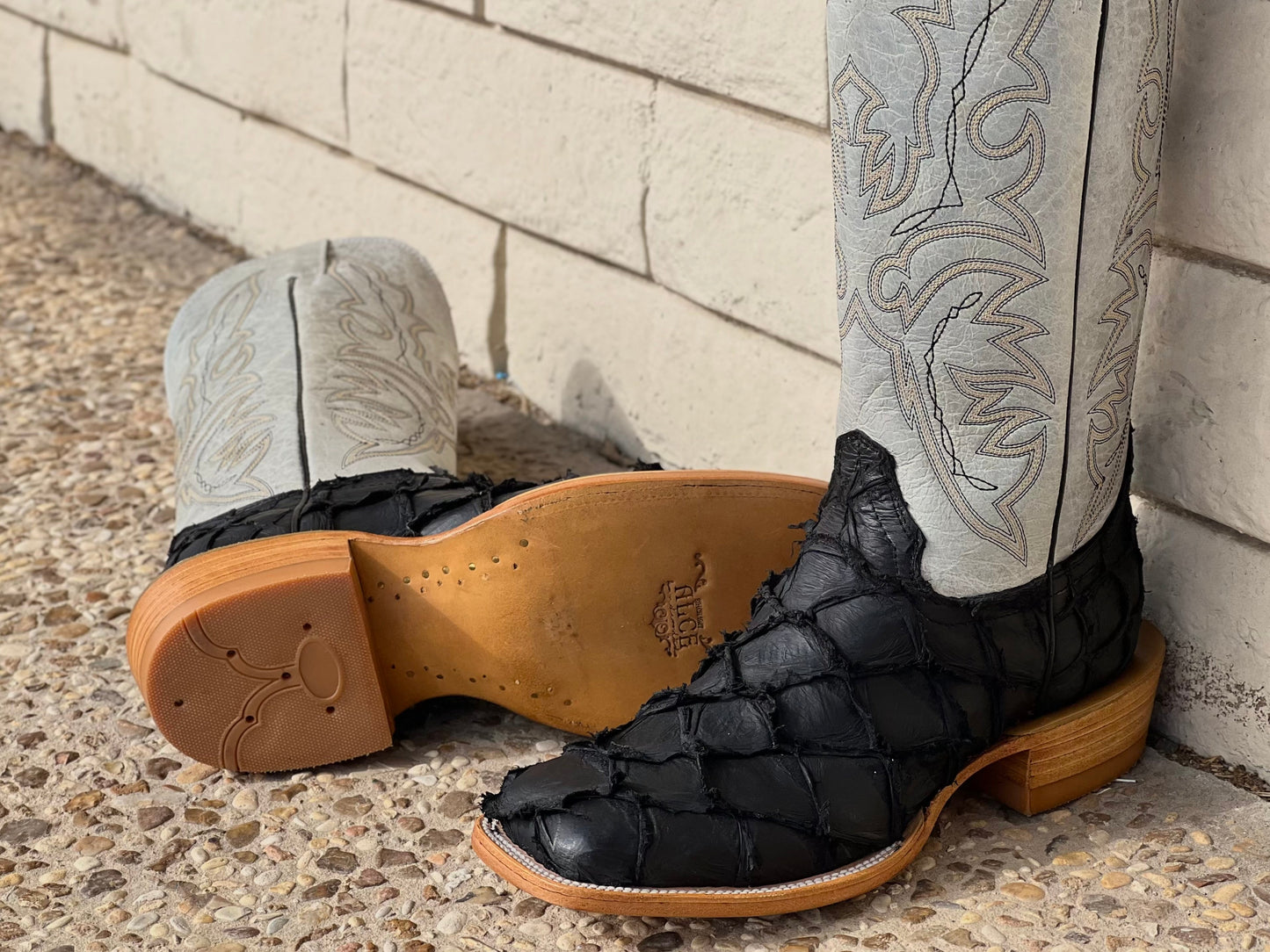 Men’s Black Matte Pirarucu Exotic Boots With White Shaft