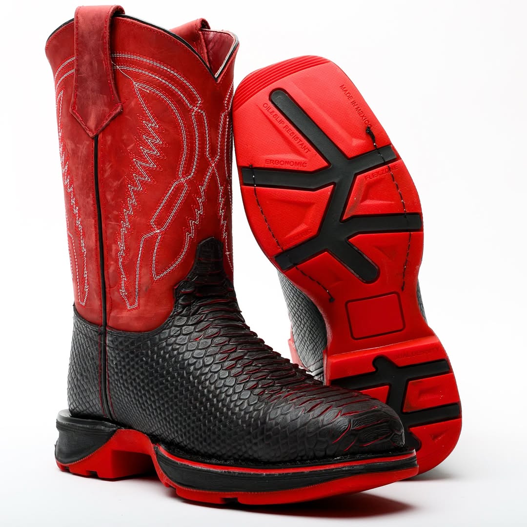 BlackRed Python Leather Boots With 3D Lightweight Sole - Composite Toe