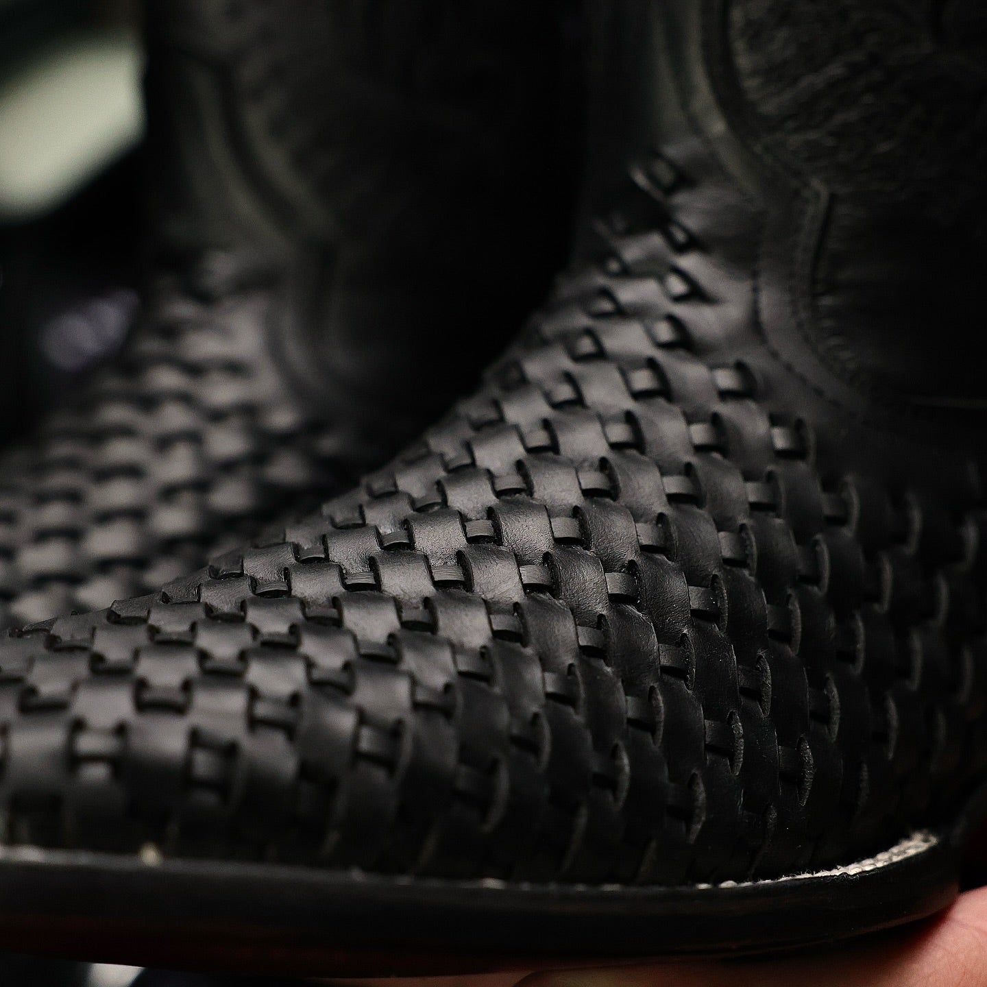 Black Basketweave Leather Boots — Square Toe