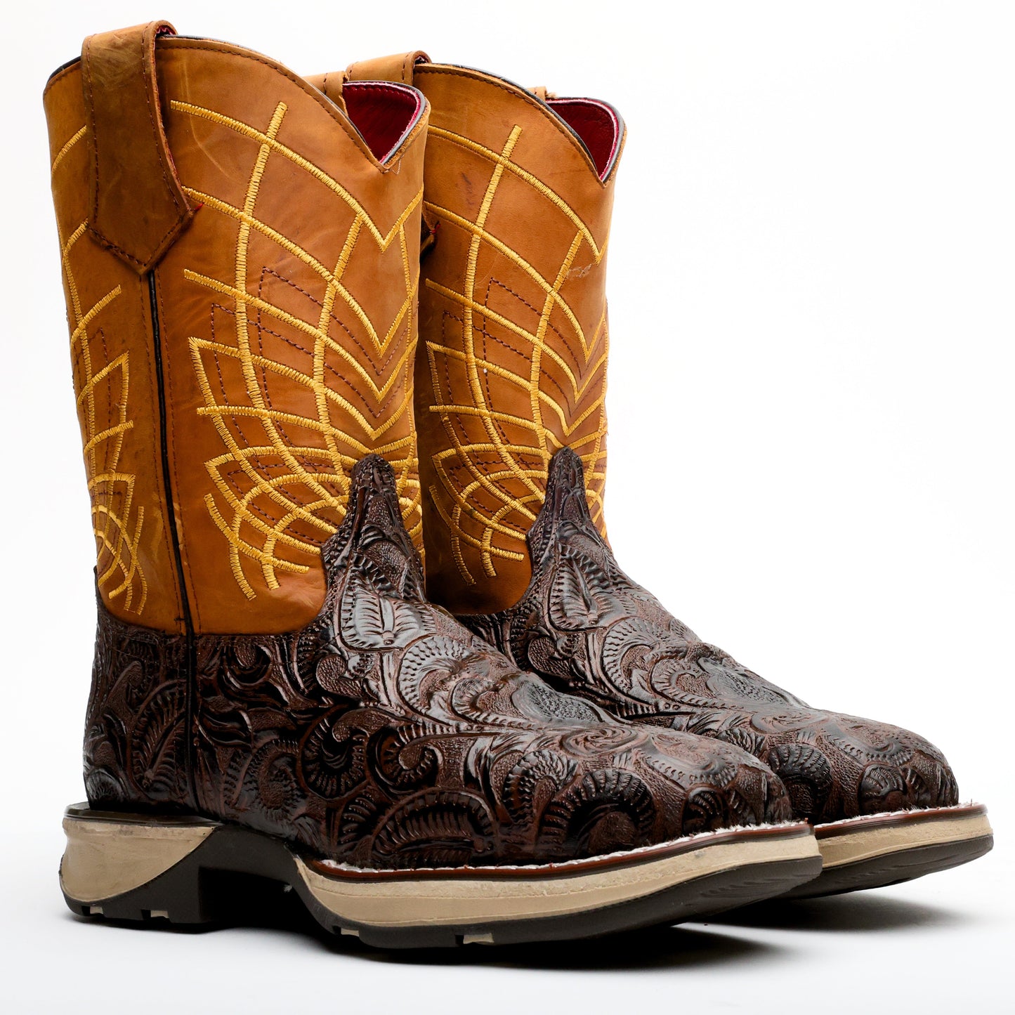 Brown Hand-Tooled Leather Boots – Lightweight 3D Sole
