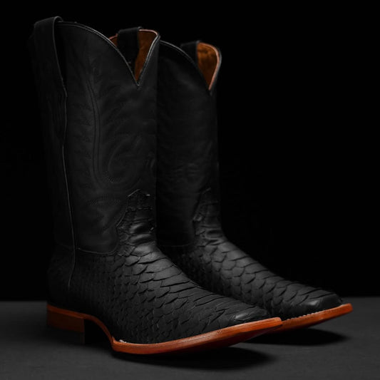 Matte Black Pythons Boots-Square Toe