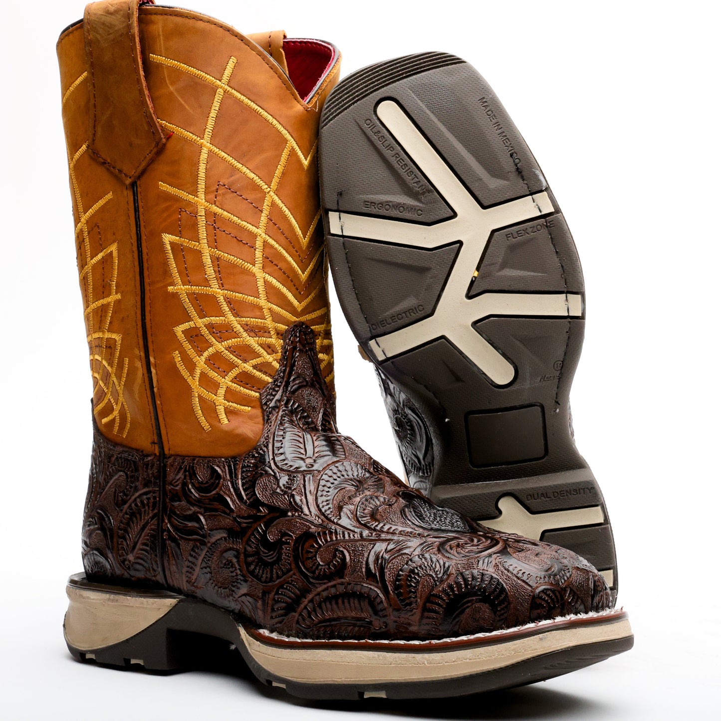 Brown Hand-Tooled Leather Boots – Lightweight 3D Sole