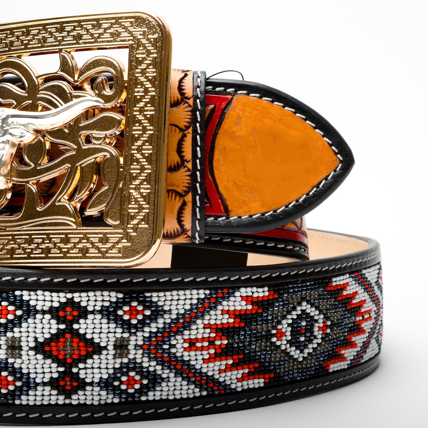2 Inch Hand-Tooled Artesanal Beaded Leather Belt