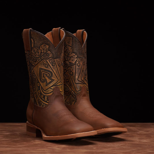 Hand-Tooled Poker Design Cowboy Boots – Rustic Brown Leather