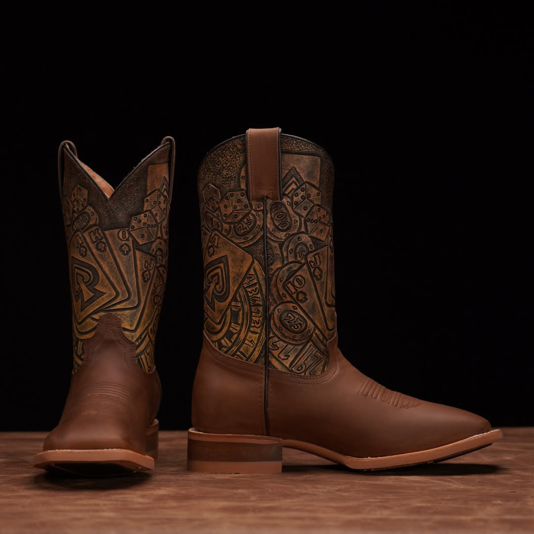 Hand-Tooled Poker Design Cowboy Boots – Rustic Brown Leather