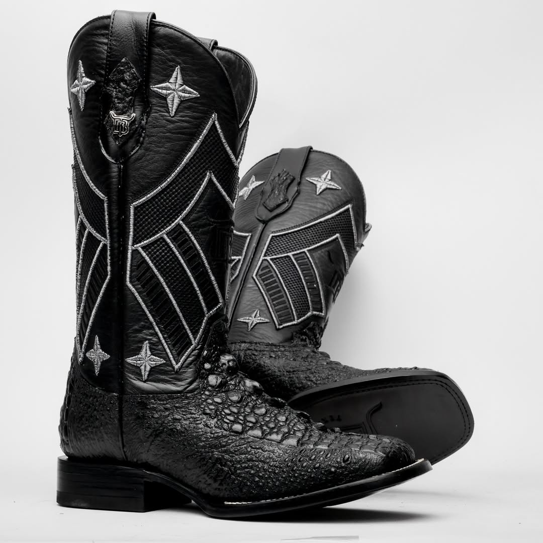 Black Snapping Turtle Leather Boots - Square Toe