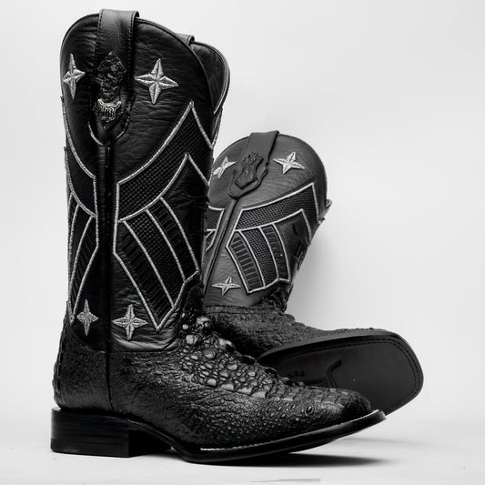 Black Snapping Turtle Leather Boots - Square Toe