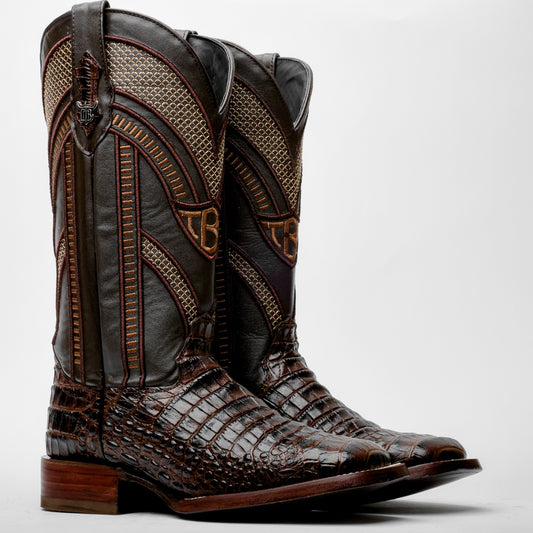 Brown Caiman Belly Leather Boots - Square Toe