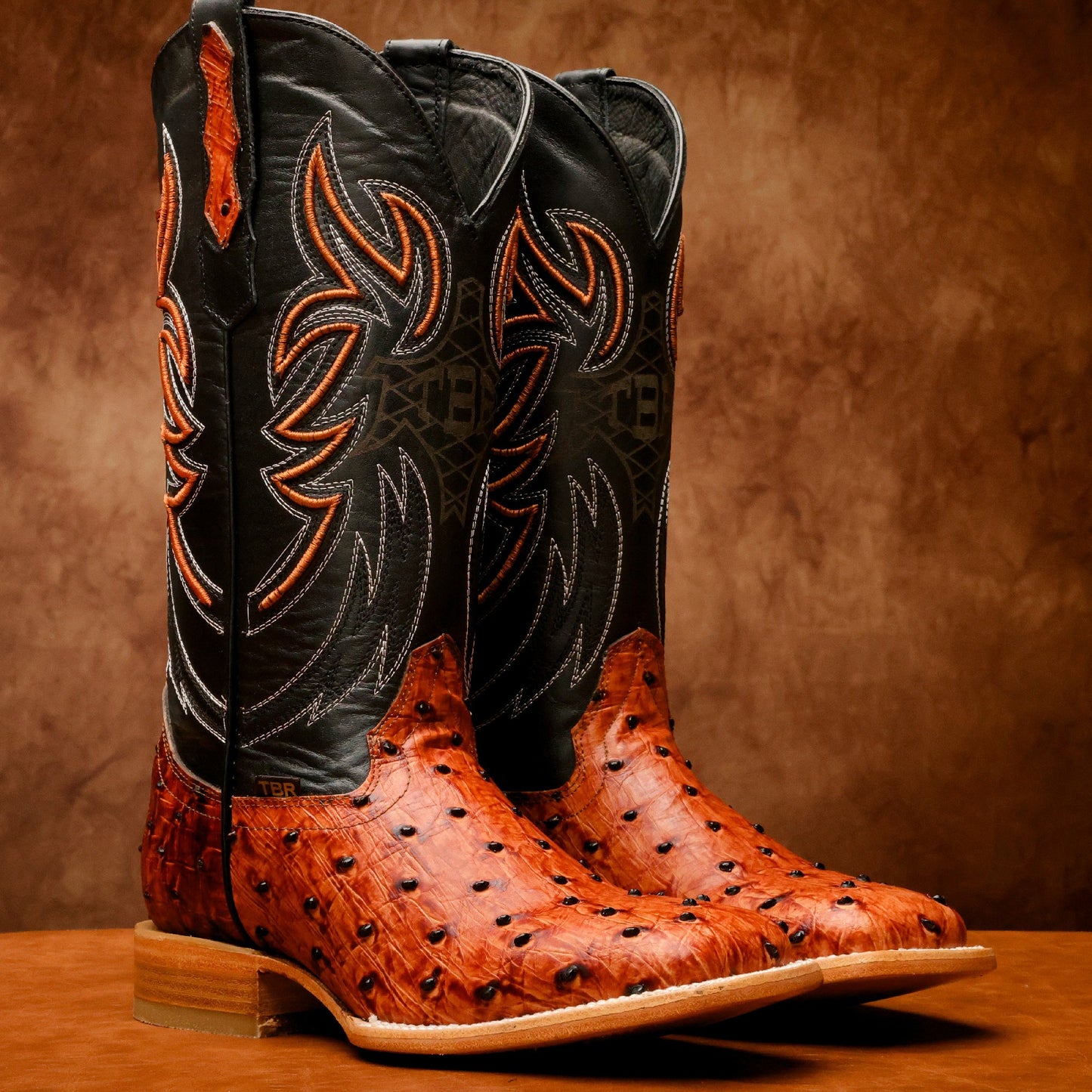 Cognac Ostrich Leather Boots - Square Toe