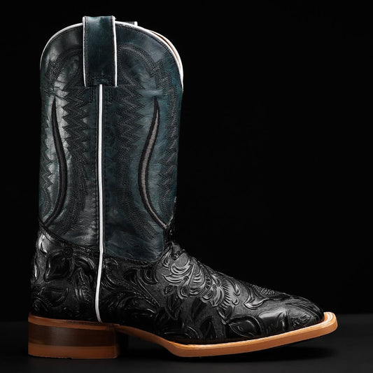 Black Hand-Tooled Leather Boots With 3D Lightweight Sole