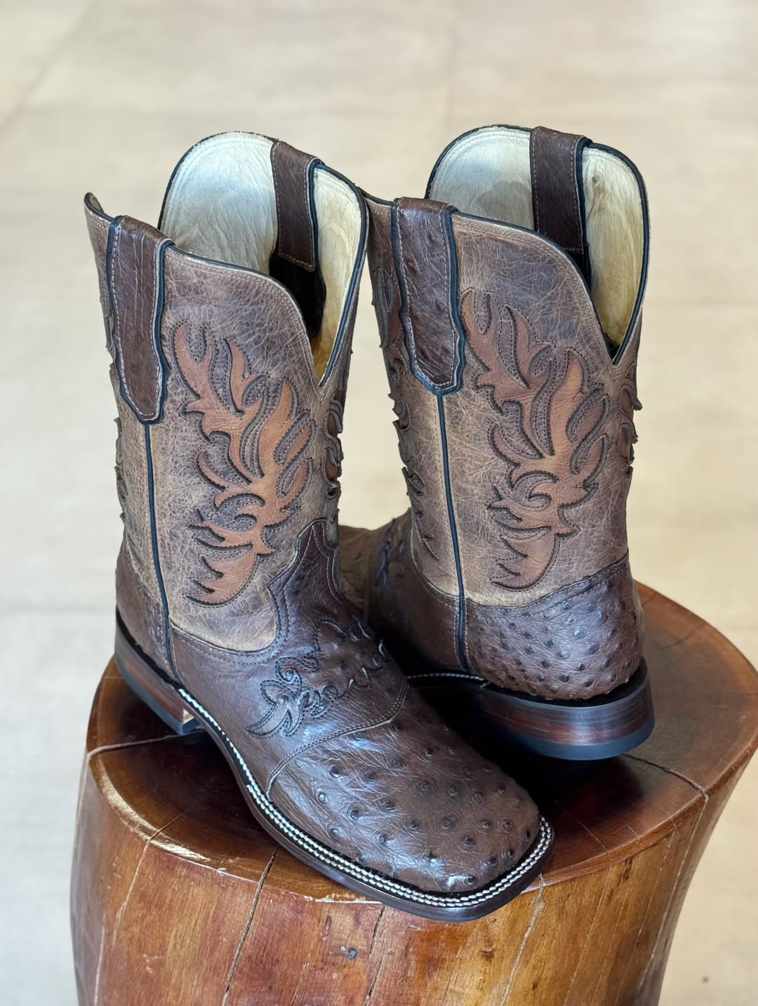 Men’s Country Style Exotic Ostrich Leather Boots – Tobacco Color