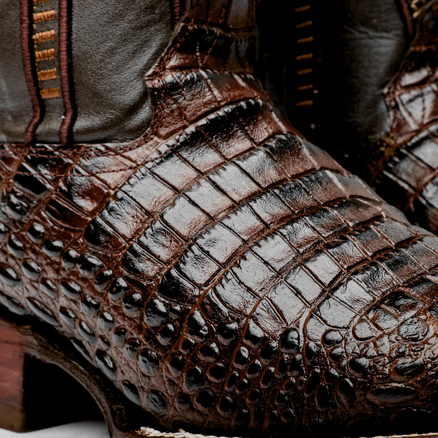 Brown Caiman Belly Leather Boots - Square Toe