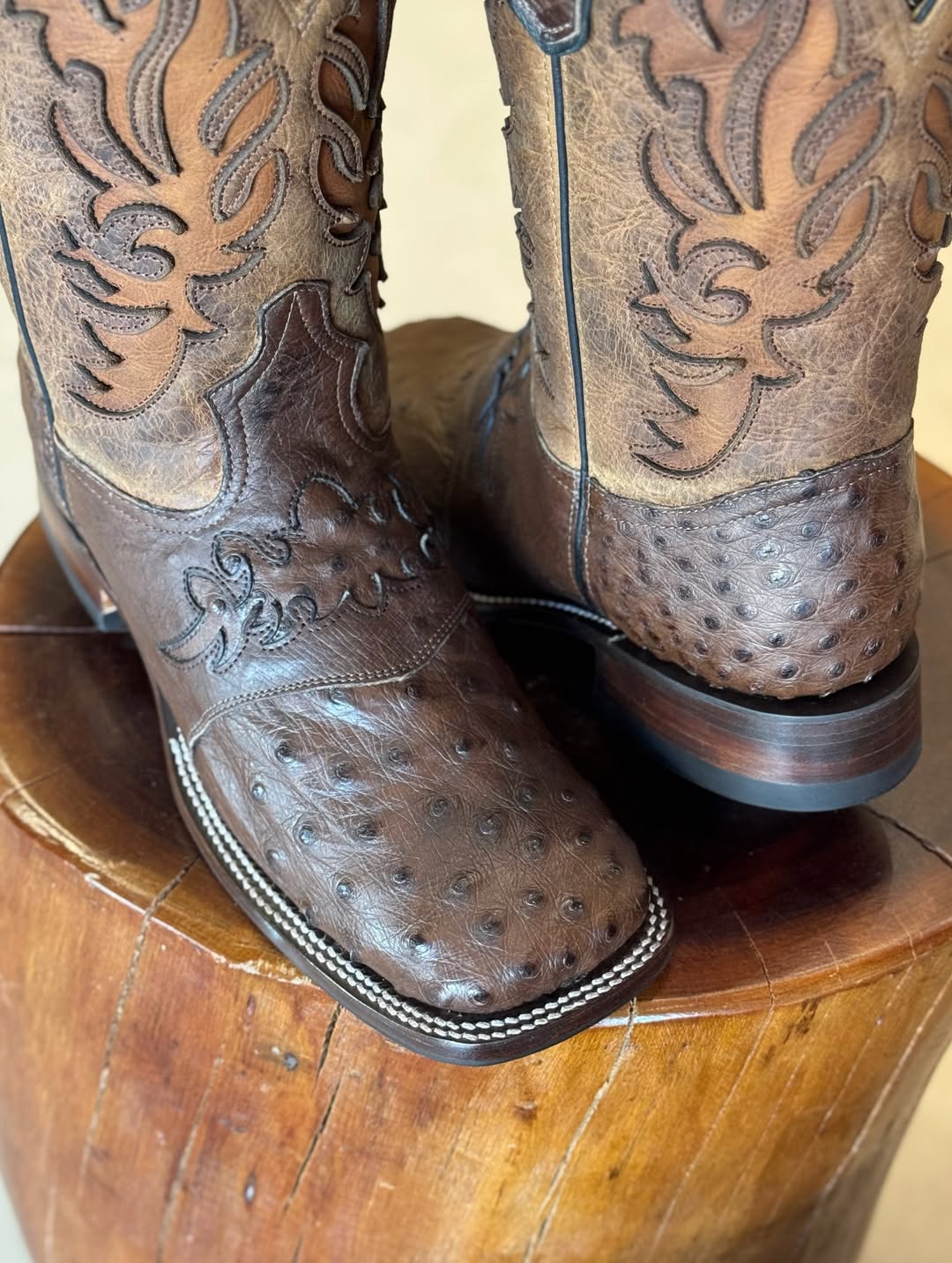 Men’s Country Style Exotic Ostrich Leather Boots – Tobacco Color