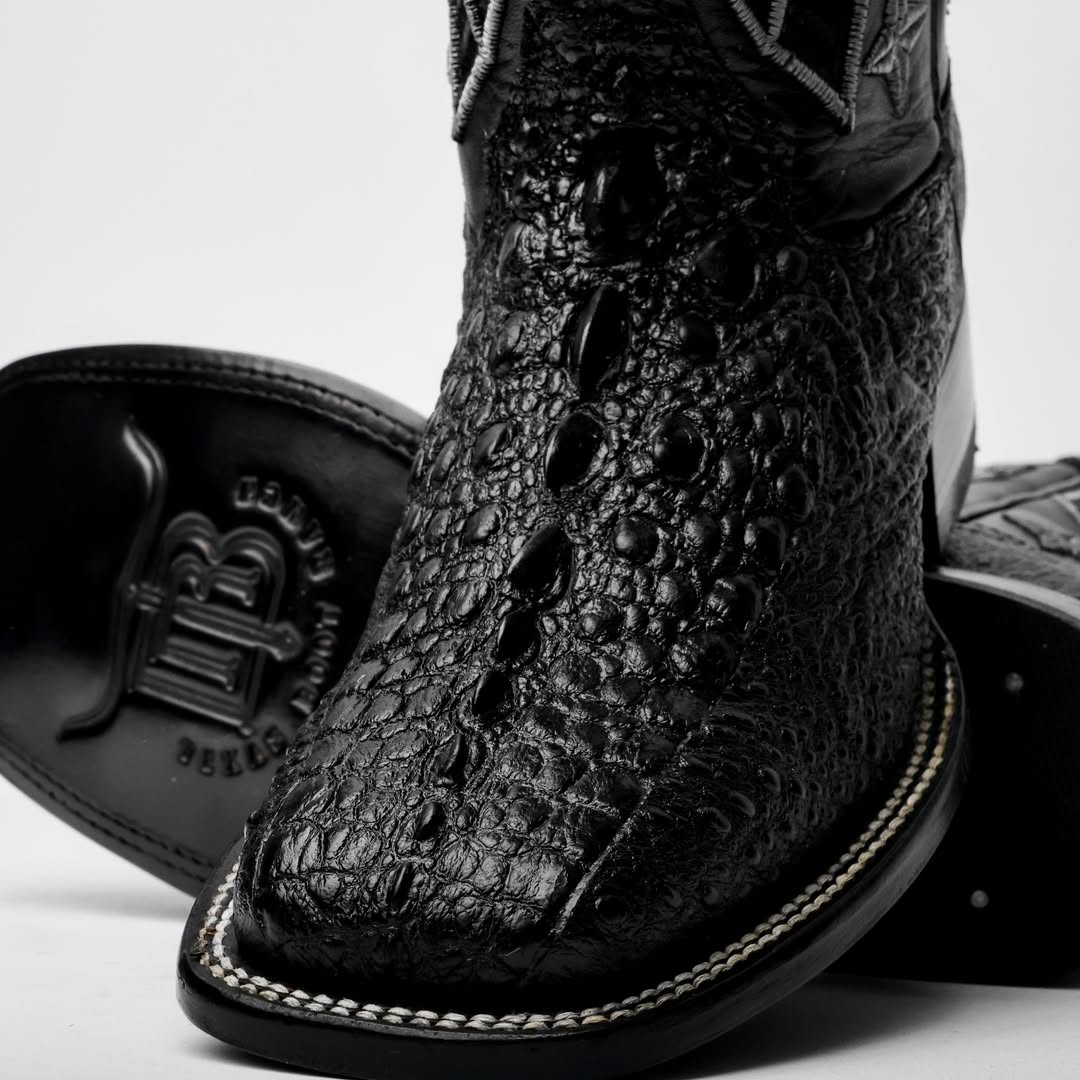 Black Snapping Turtle Leather Boots - Square Toe