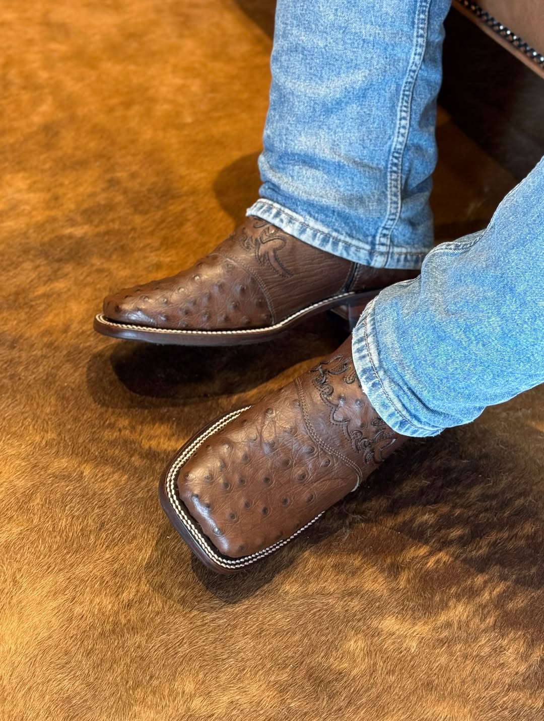 Men’s Country Style Exotic Ostrich Leather Boots – Tobacco Color