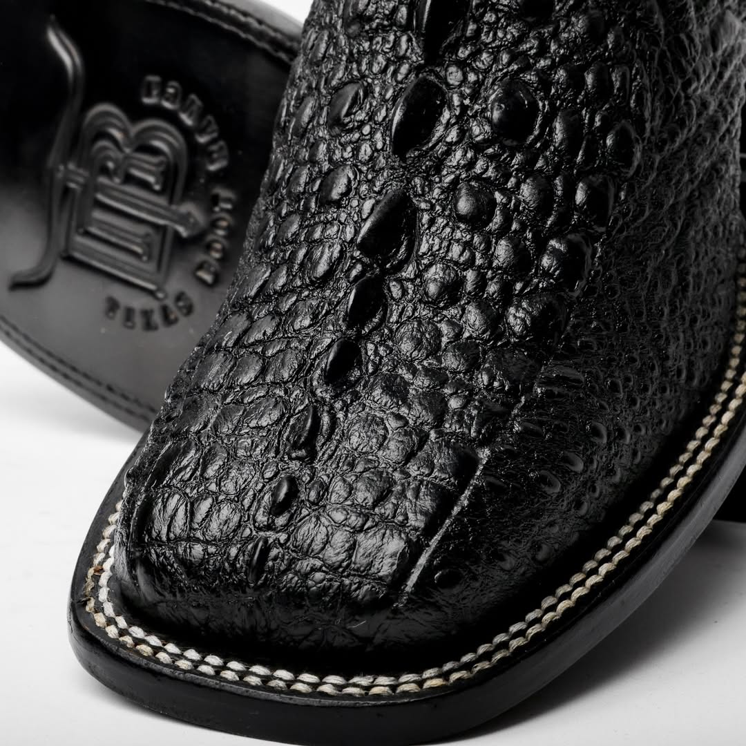 Black Snapping Turtle Leather Boots - Square Toe