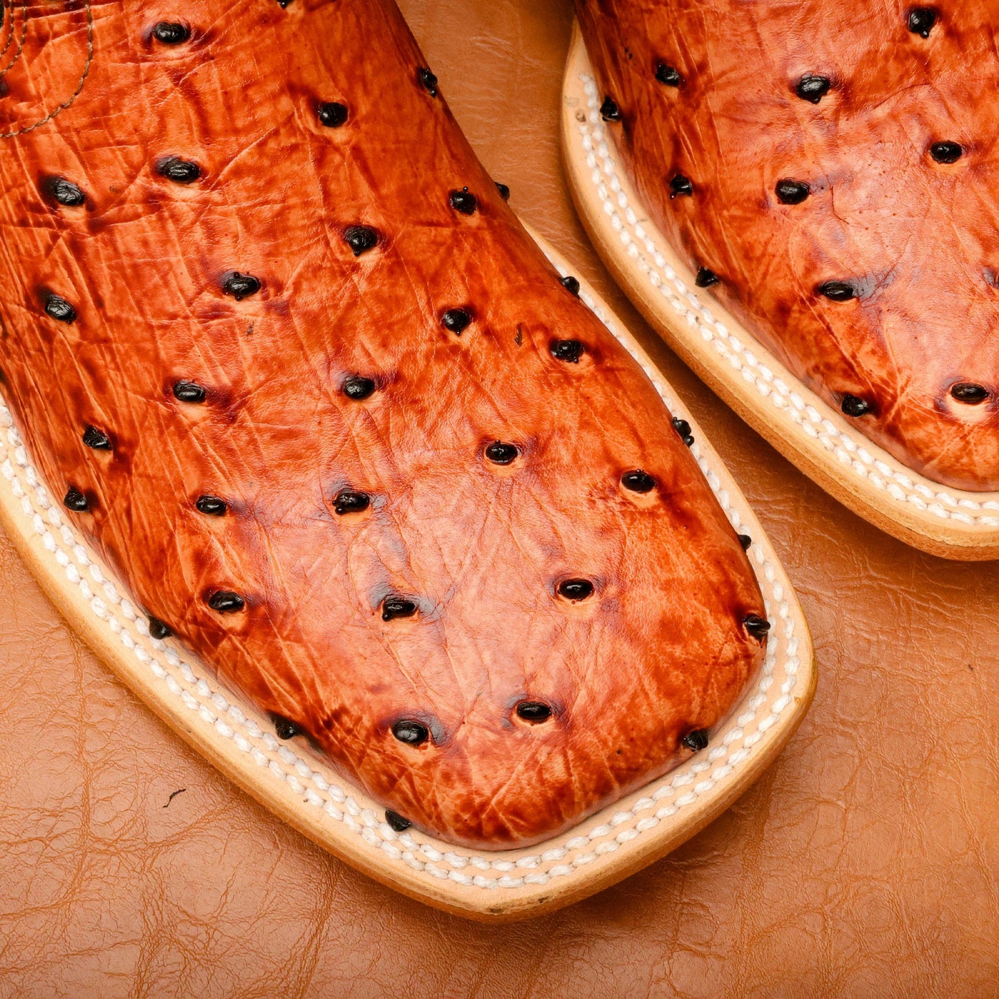 Cognac Ostrich Leather Boots - Square Toe