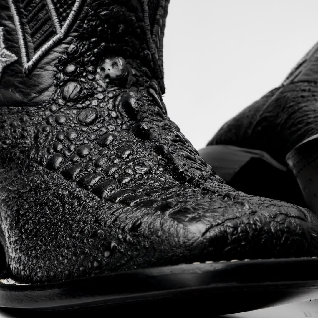 Black Snapping Turtle Leather Boots - Square Toe