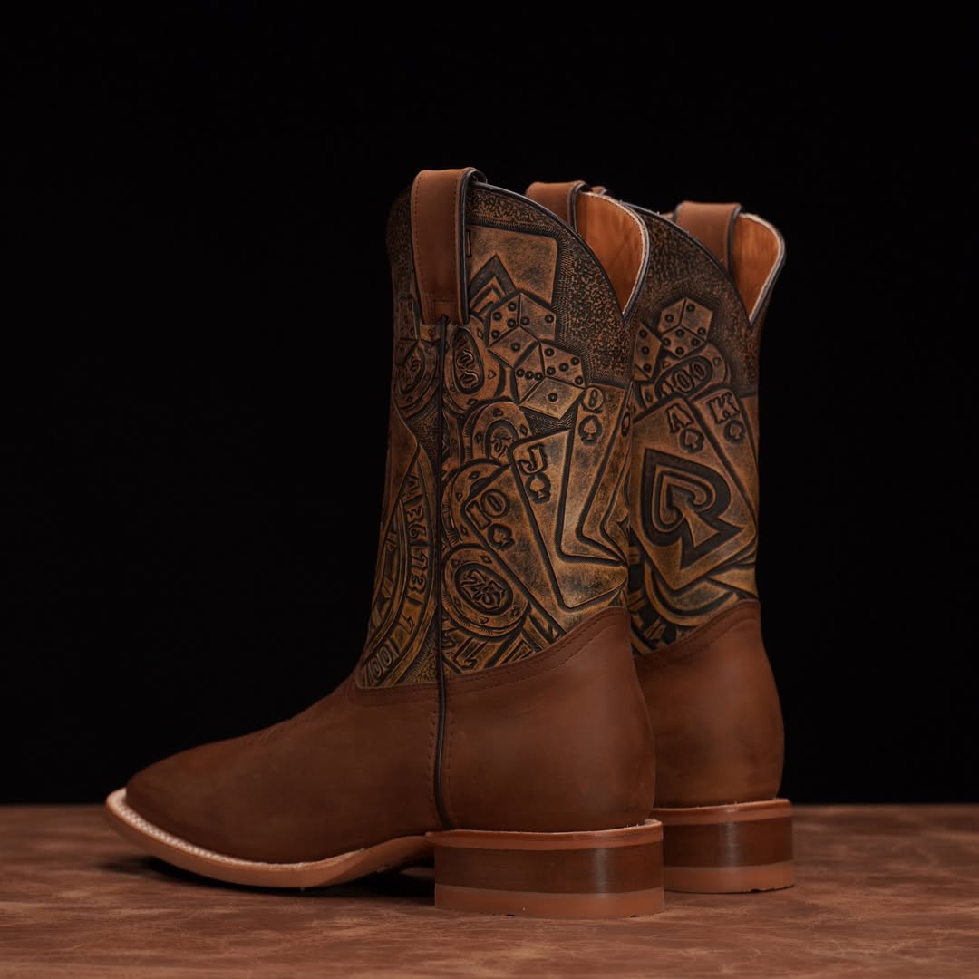 Hand-Tooled Poker Design Cowboy Boots – Rustic Brown Leather