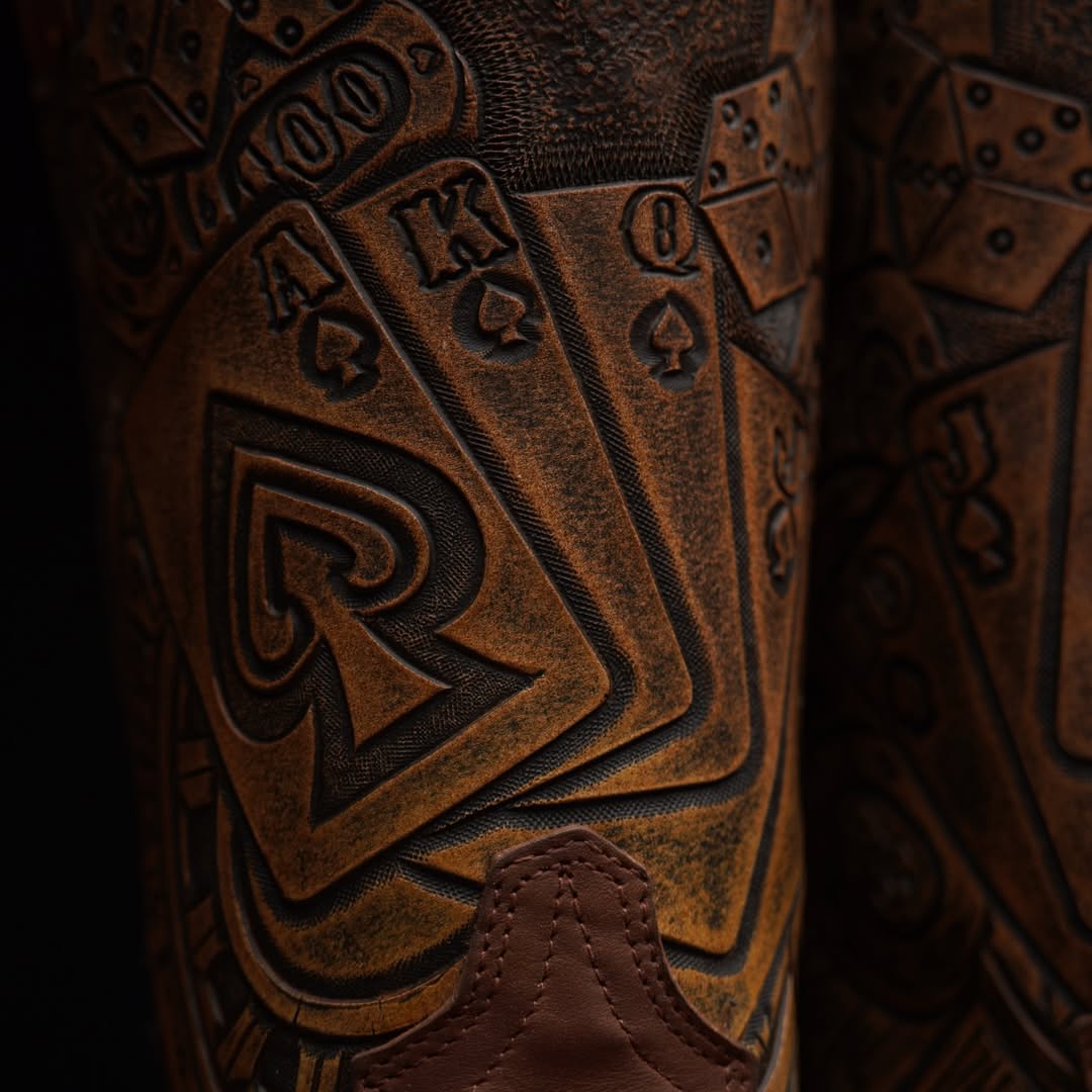 Hand-Tooled Poker Design Cowboy Boots – Rustic Brown Leather