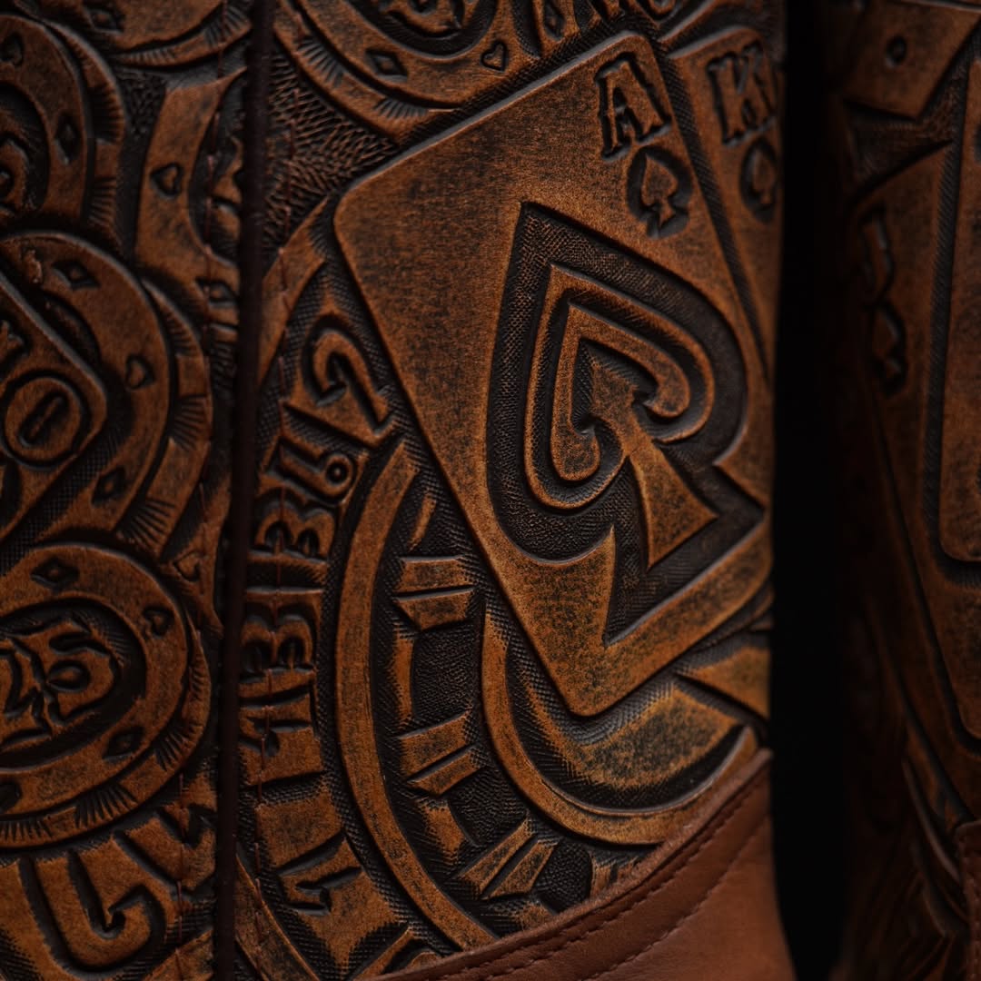 Hand-Tooled Poker Design Cowboy Boots – Rustic Brown Leather