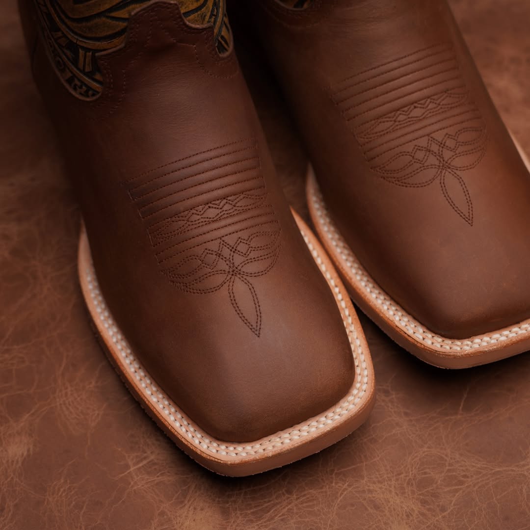 Hand-Tooled Poker Design Cowboy Boots – Rustic Brown Leather