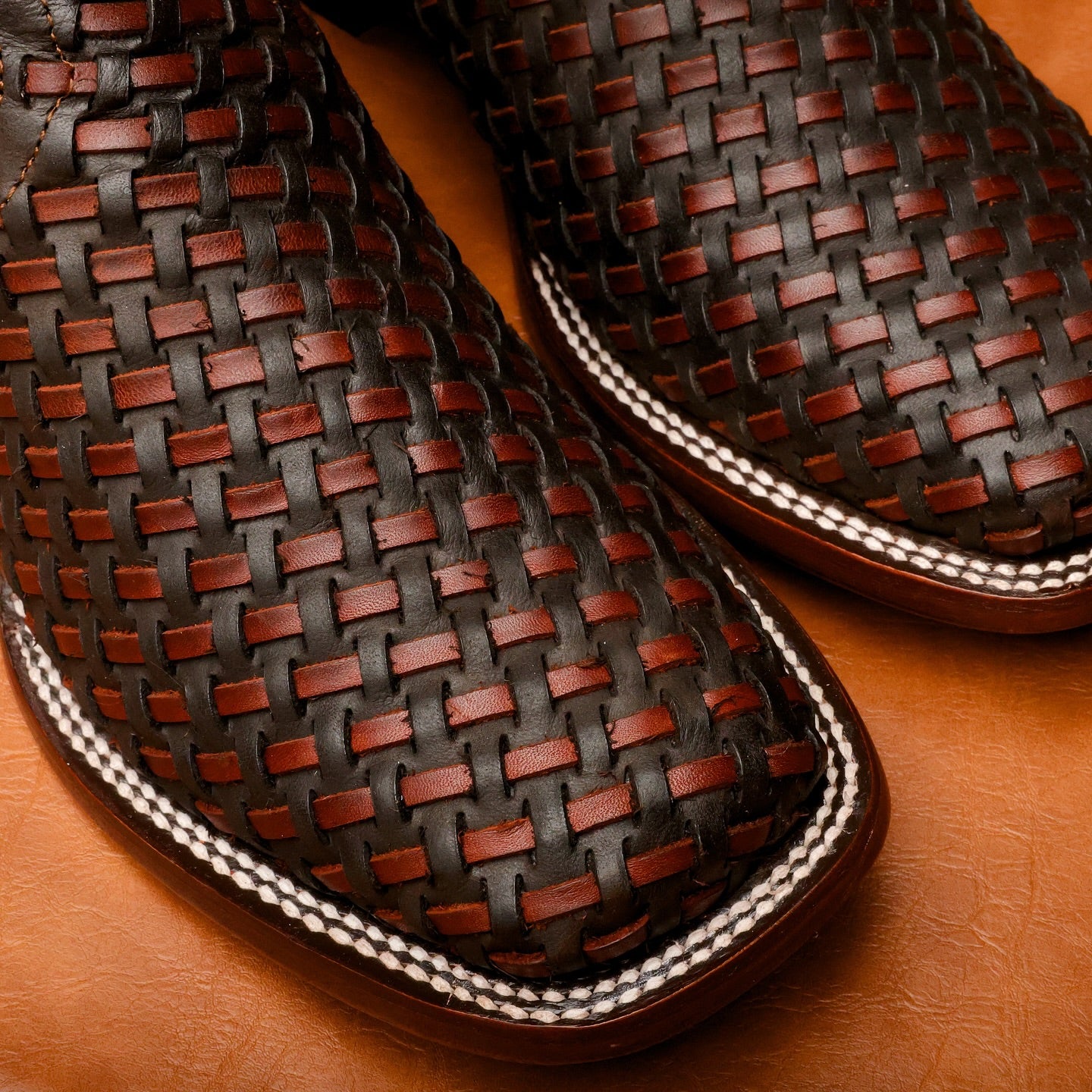 Brown Basketweave Leather Boots - Square Toe