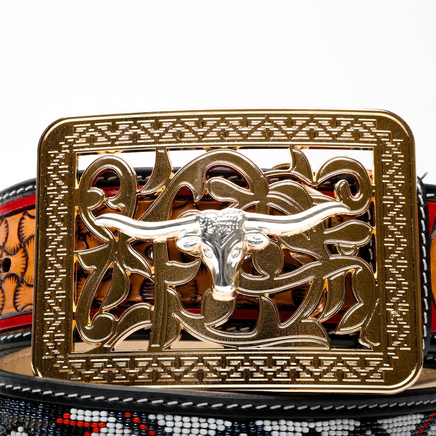 2 Inch Hand-Tooled Artesanal Beaded Leather Belt