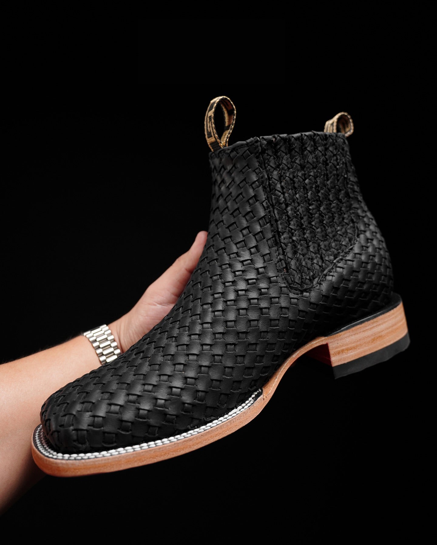 100% Handmade Black Woven Boots