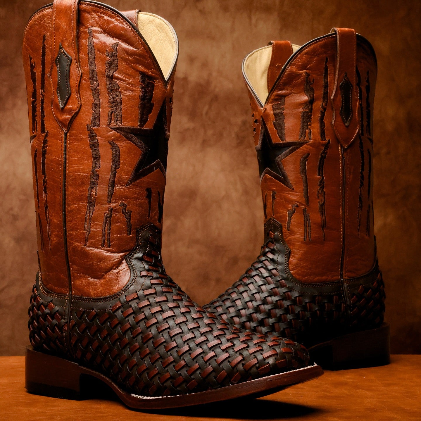Brown Basketweave Leather Boots - Square Toe