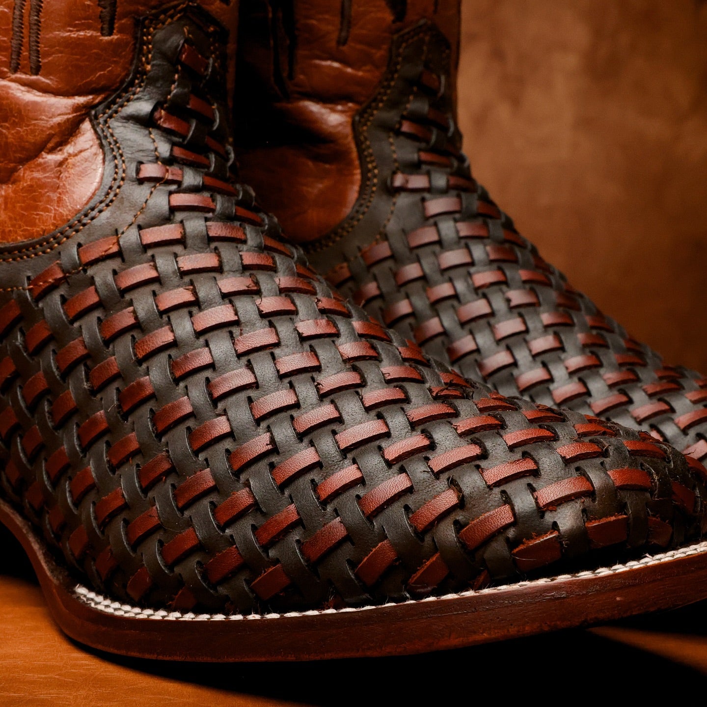 Brown Basketweave Leather Boots - Square Toe