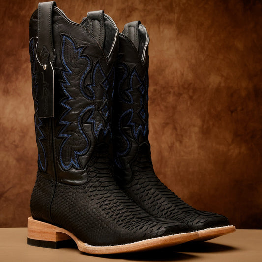 Black Python Leather Boots - Square Toe