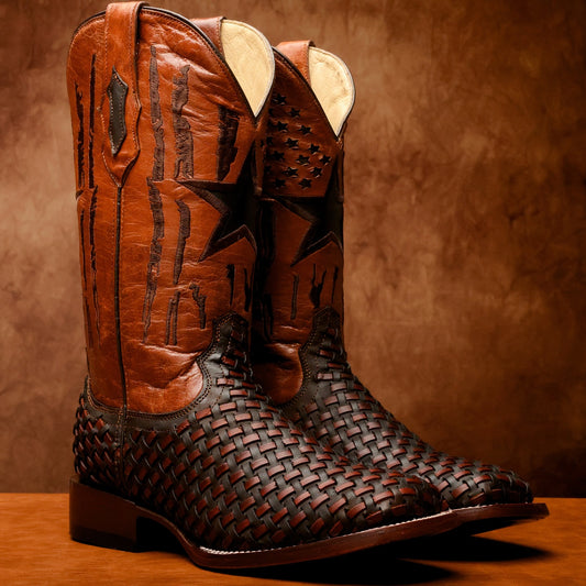 Brown Basketweave Leather Boots - Square Toe