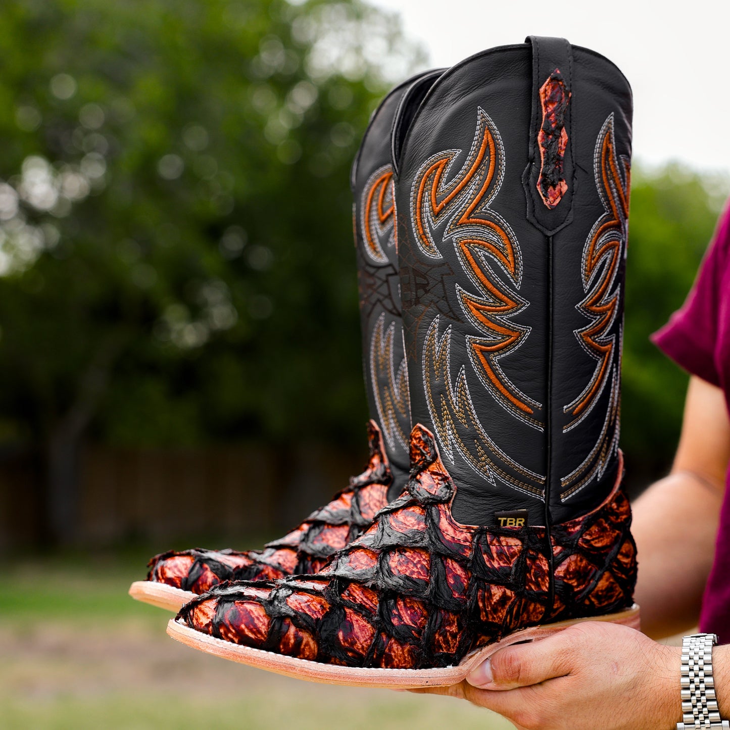 Cognac Jumbo Pirarusu Leather Boots - Square Toe