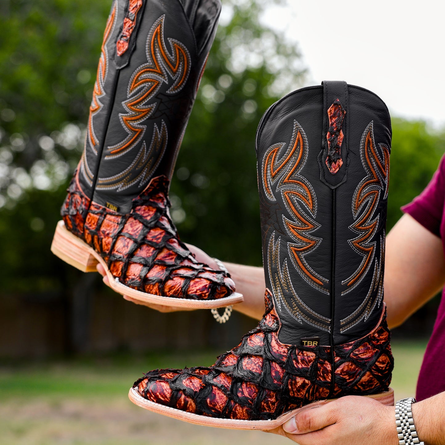 Cognac Jumbo Pirarusu Leather Boots - Square Toe