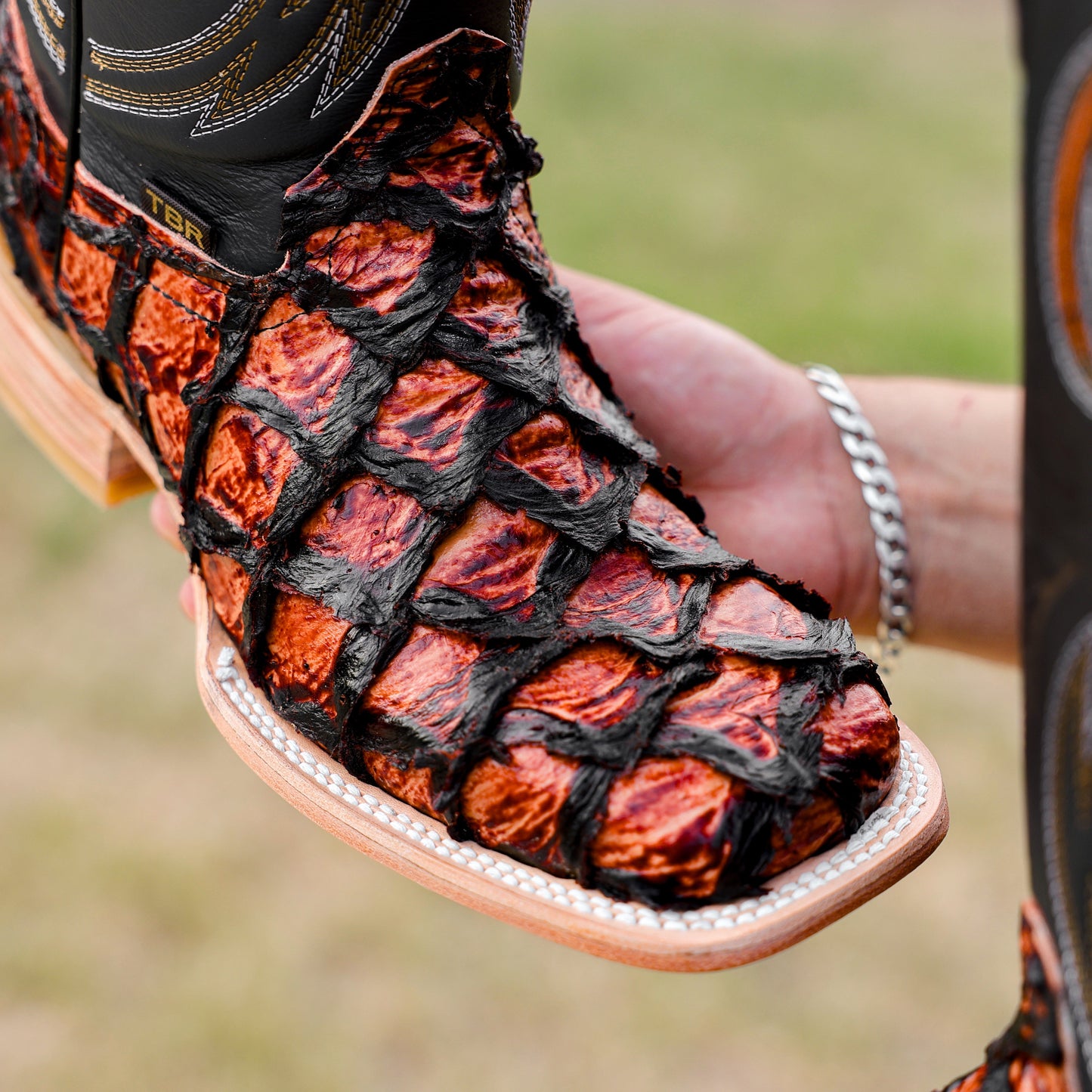 Cognac Jumbo Pirarusu Leather Boots - Square Toe