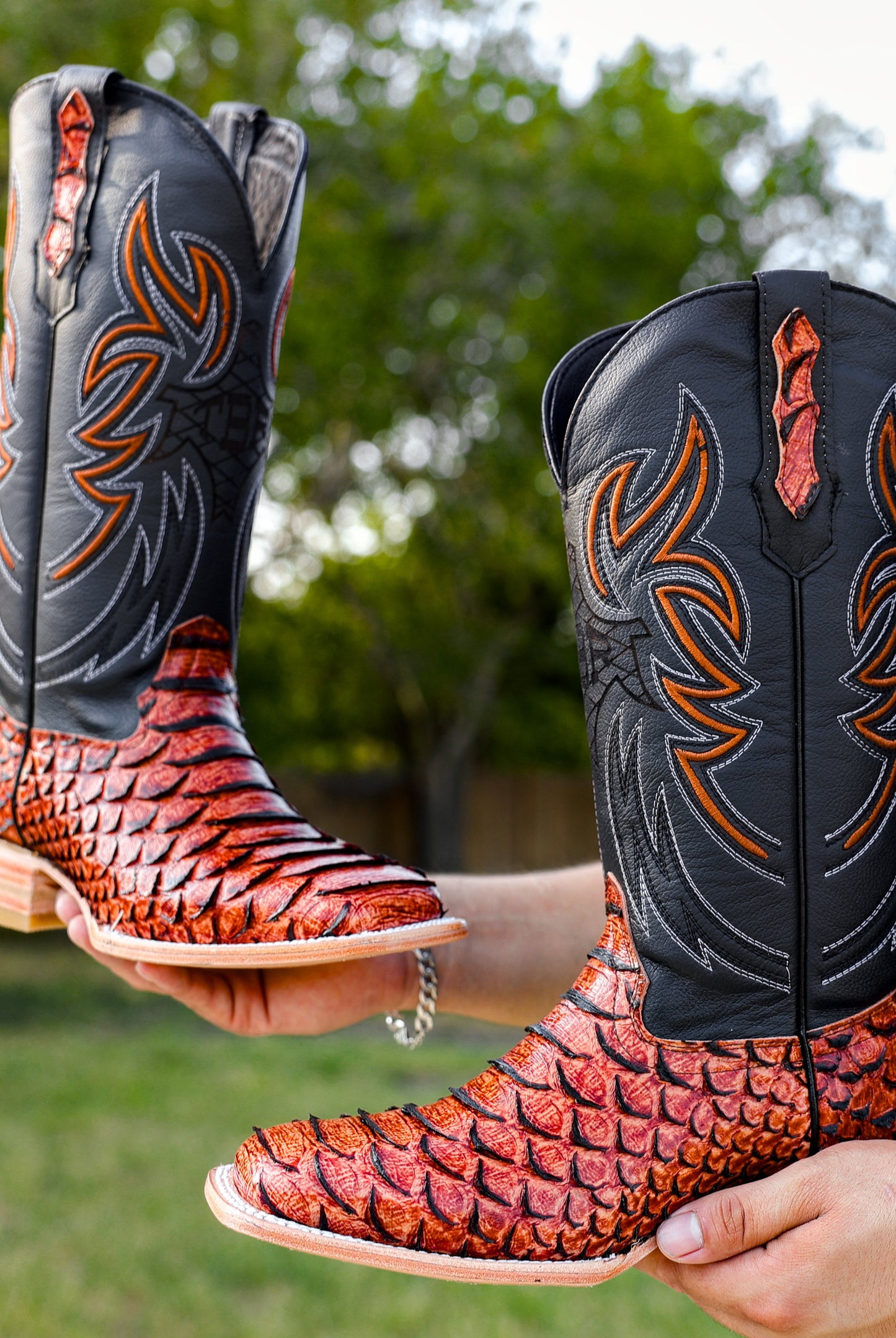 Cognac Python Leather Boots - Square Toe