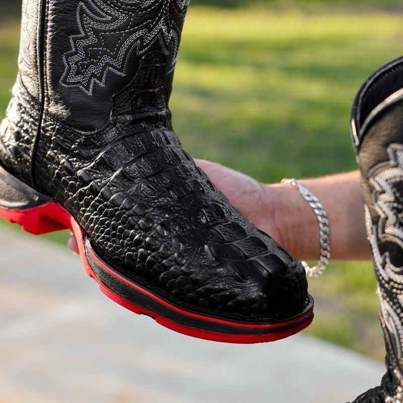 Mens Tan Basketweave Leather Boots  Square Toe