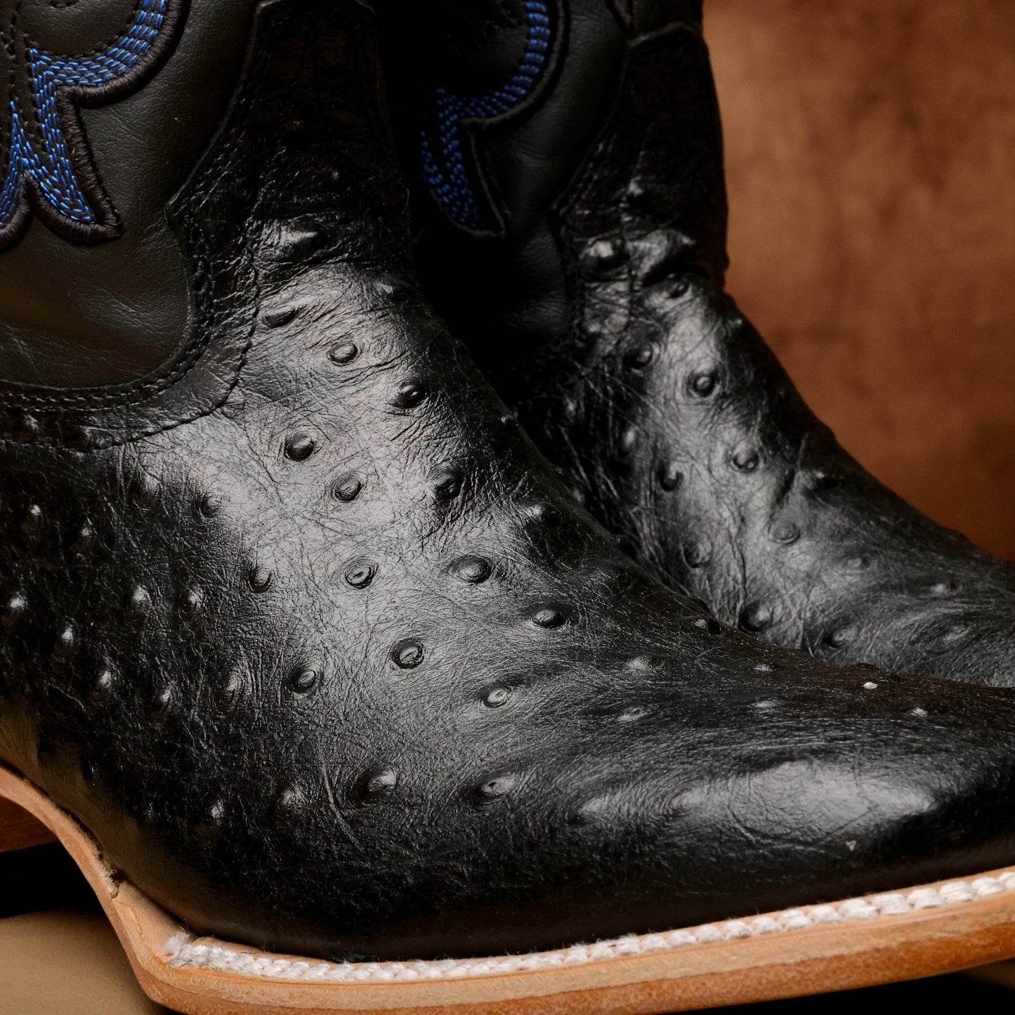 Black Ostrich Leather Boots - Square Toe