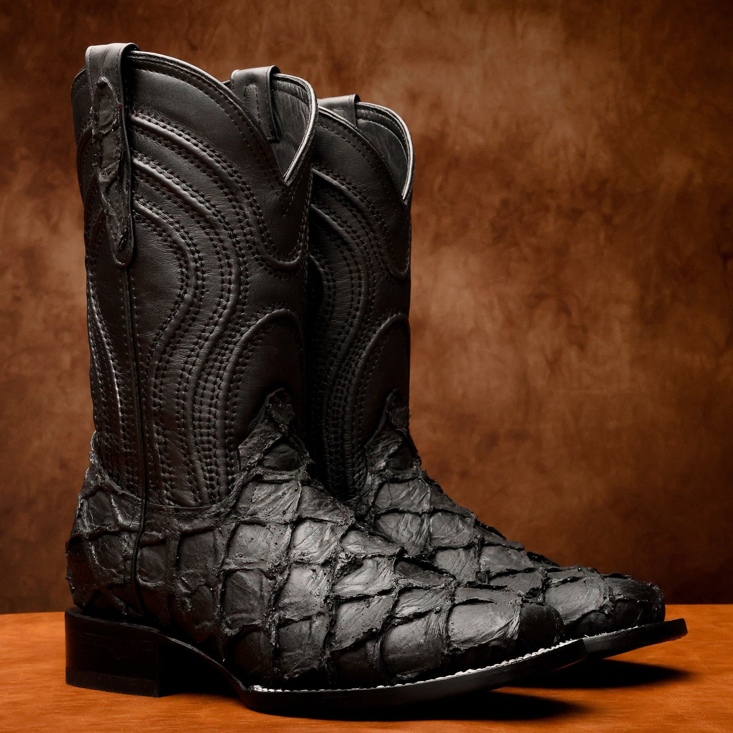 Matte Black Jumbo Pirarucu Leather Boots -Square Toe