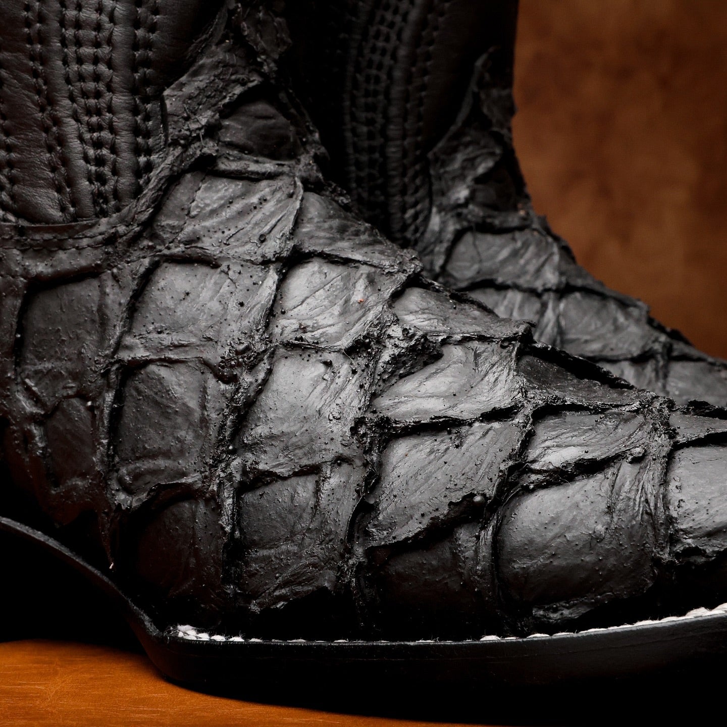 Matte Black Jumbo Pirarucu Leather Boots -Square Toe