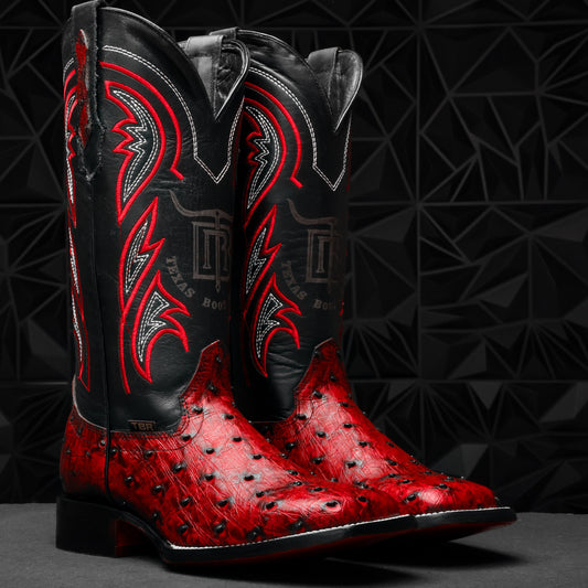 Black Cherry Ostrich Leather Boots - Square Toe
