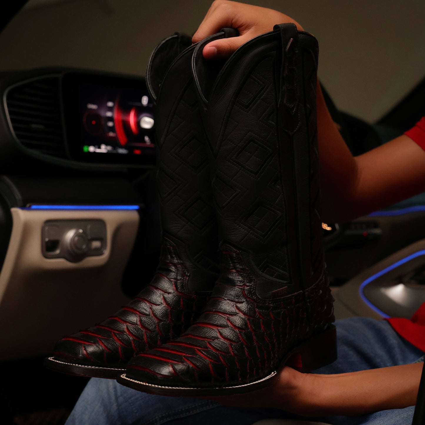 Jumbo Black Cherry Python Leather Boots - Square Toe