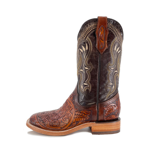 Men's Bulldog Hand Tooled Boots - Aztec Calendar Bitone